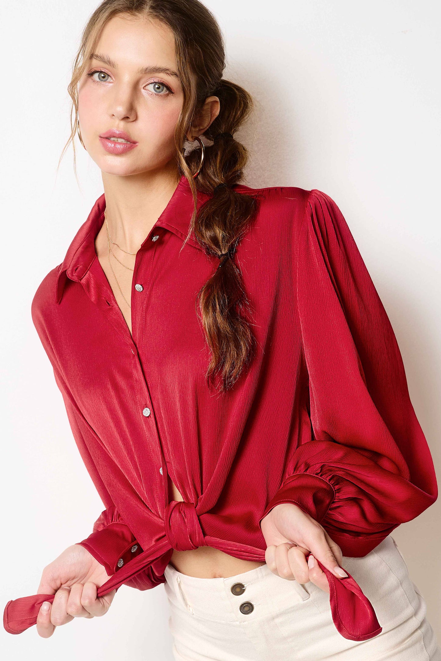 Flowy Button Down Balloon Sleeve Tie-Front Shirt