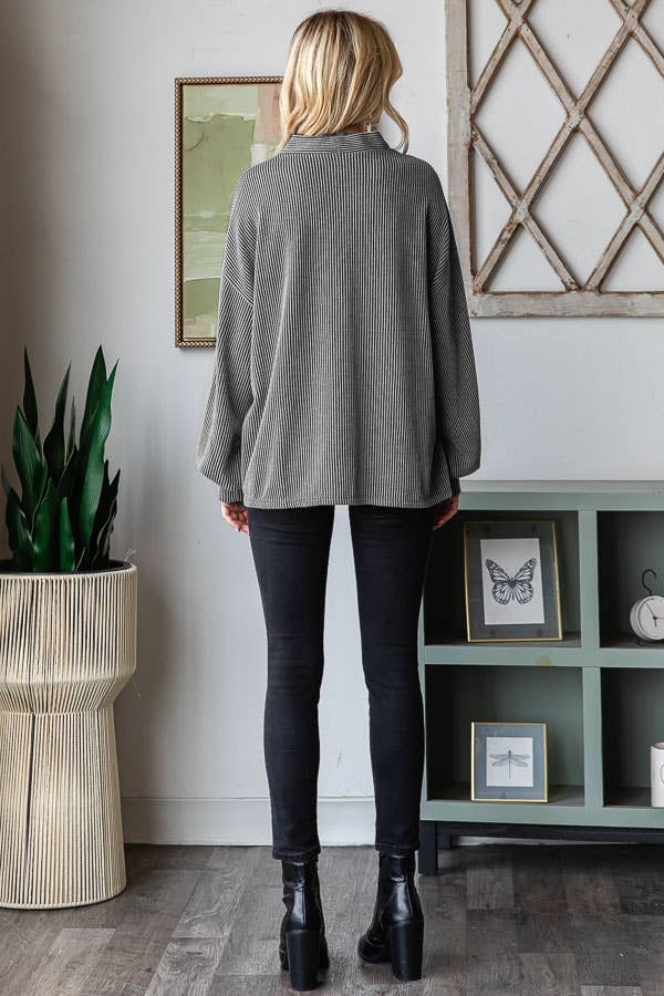 Solid Rib Button Balloon Sleeve Cardigan