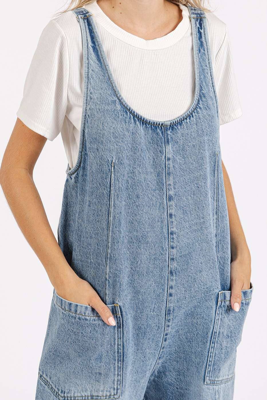 WASHED DENIM RELAXED FIT SLEEVELESS JUMPSUIT