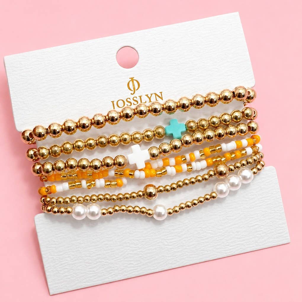 MULTI BALL PEARL BEAD CROSS STRETCHABLE BRACELET