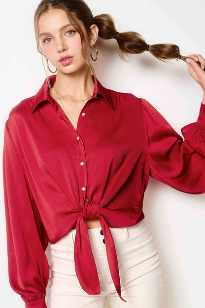 Flowy Button Down Balloon Sleeve Tie-Front Shirt