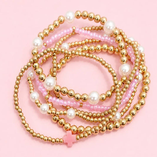 MULTI BALL PEARL BEAD CROSS STRETCHABLE BRACELET