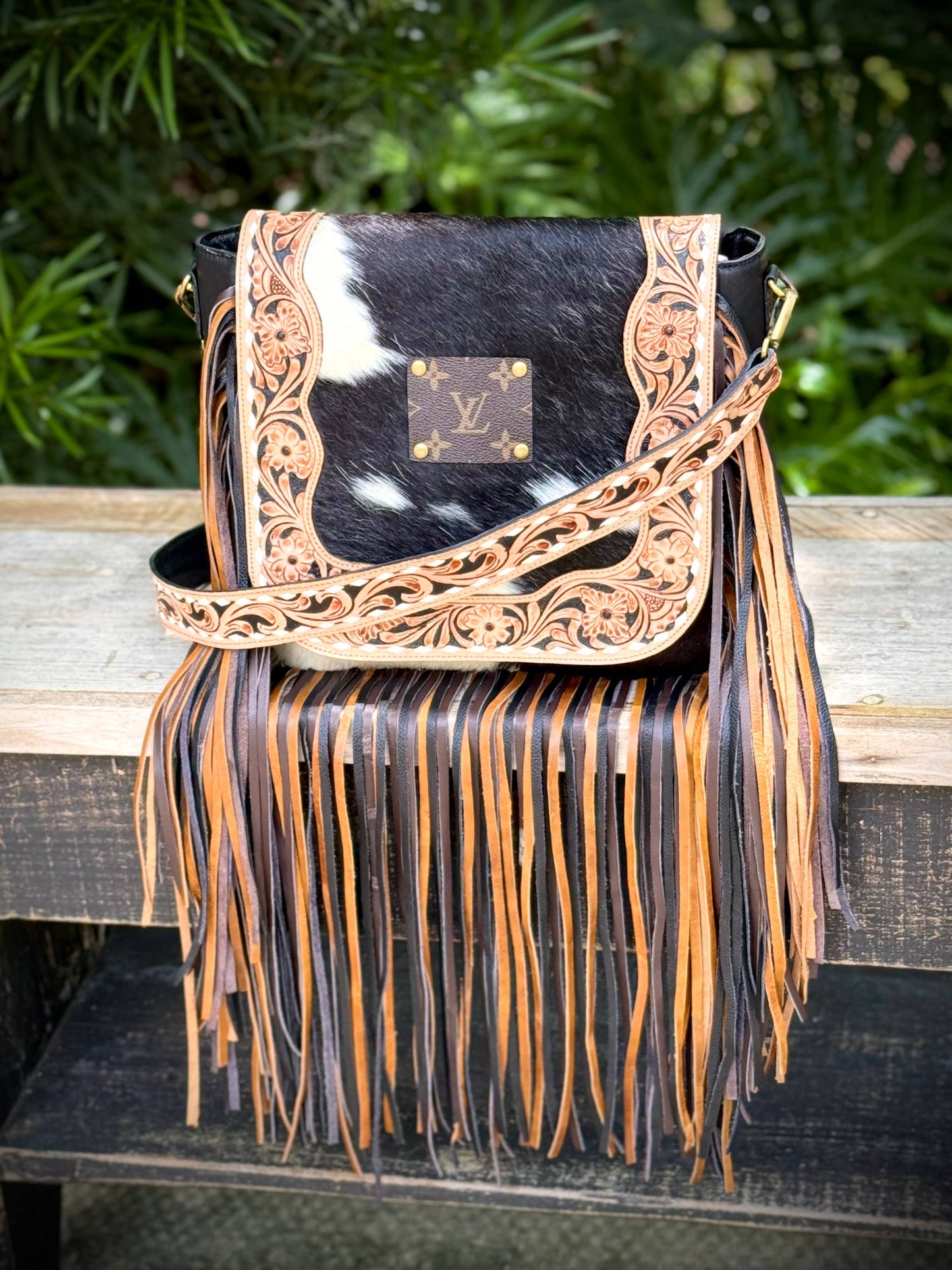 Upcycled LV Cowhide Leather Fringe Crossbody Bag Western