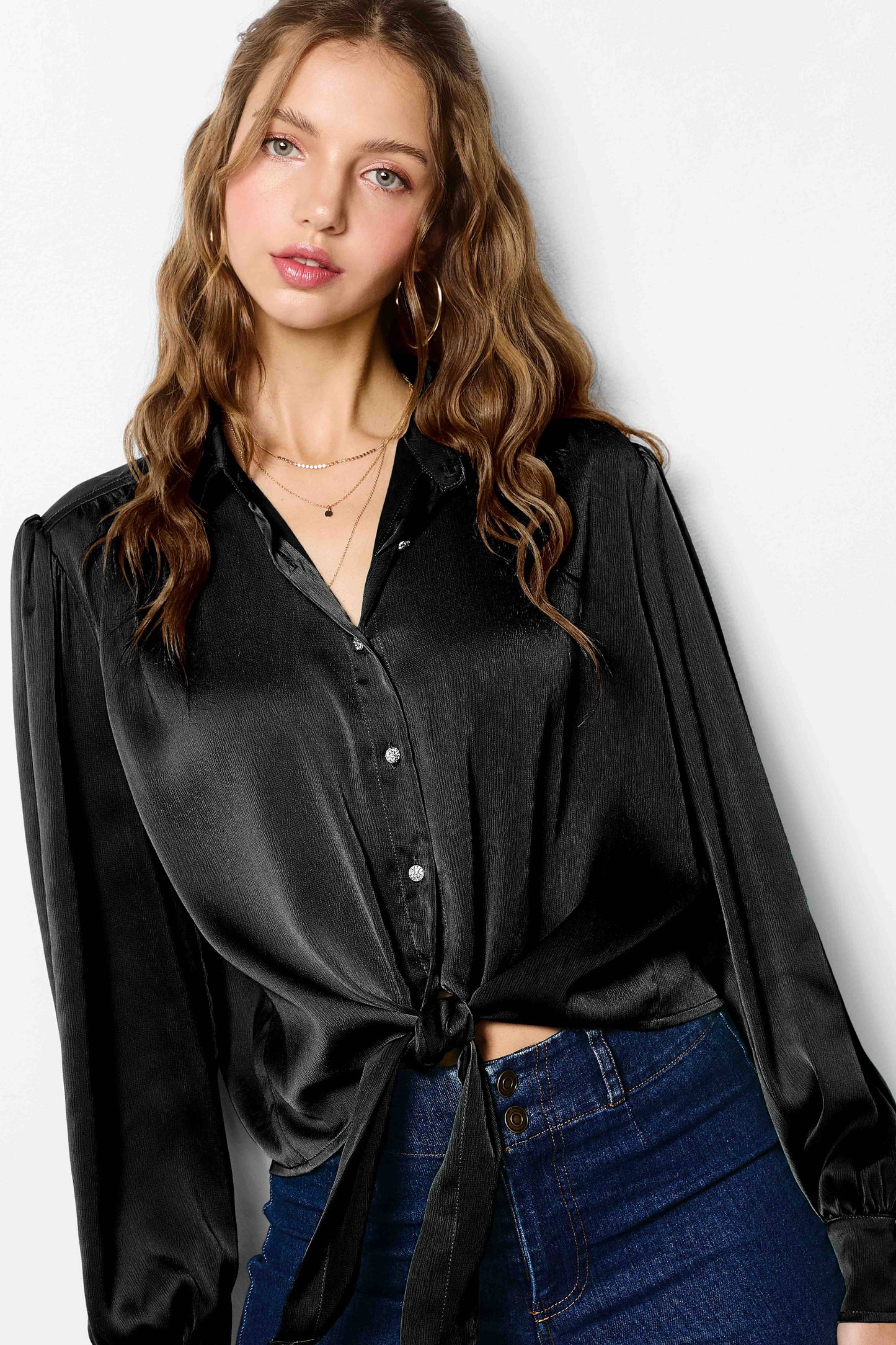 Flowy Button Down Balloon Sleeve Tie-Front Shirt