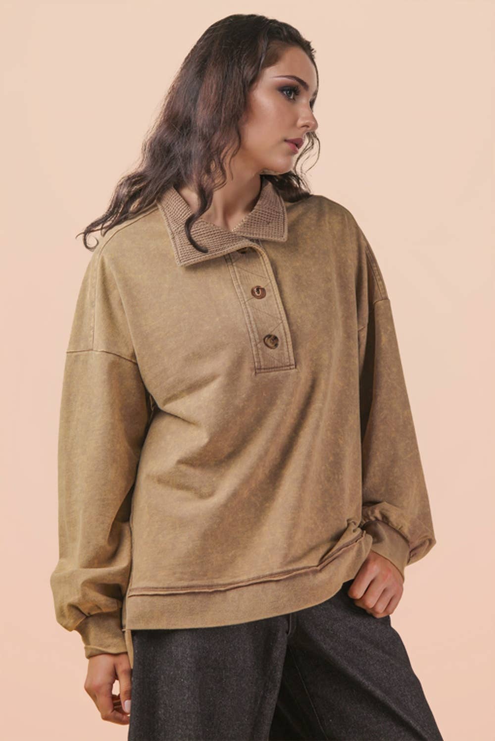 Mock Neck Mineral Washed Knit Causal Top