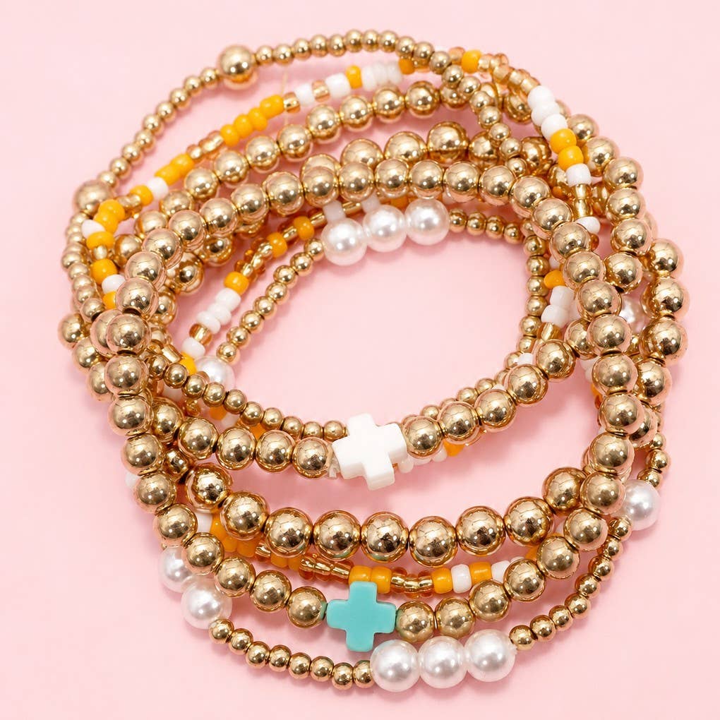 MULTI BALL PEARL BEAD CROSS STRETCHABLE BRACELET