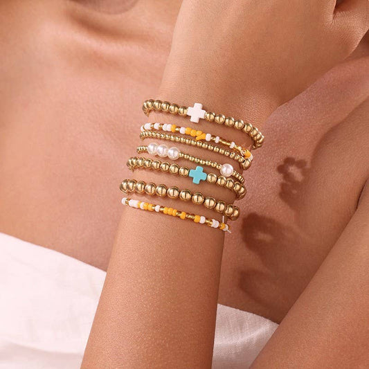MULTI BALL PEARL BEAD CROSS STRETCHABLE BRACELET