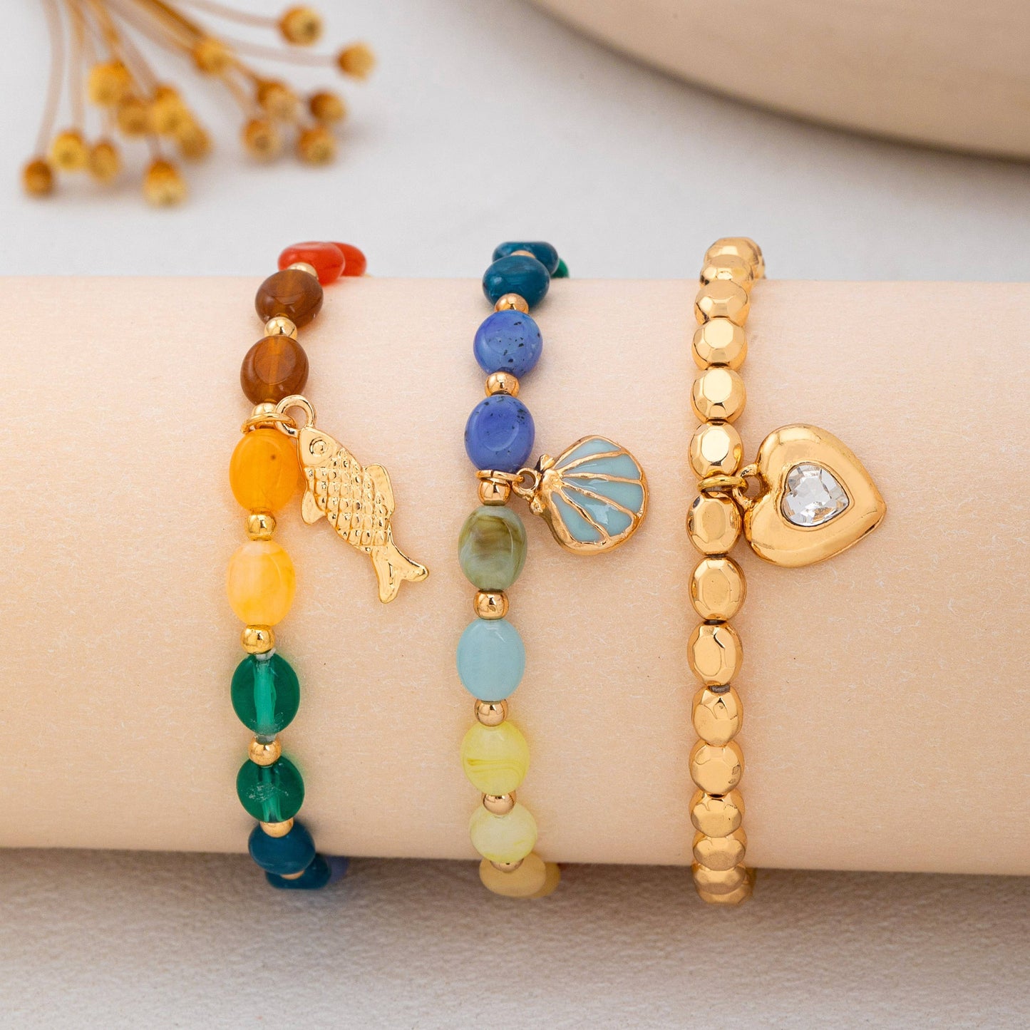Multi-Color Beaded Layered Charm Bracelet