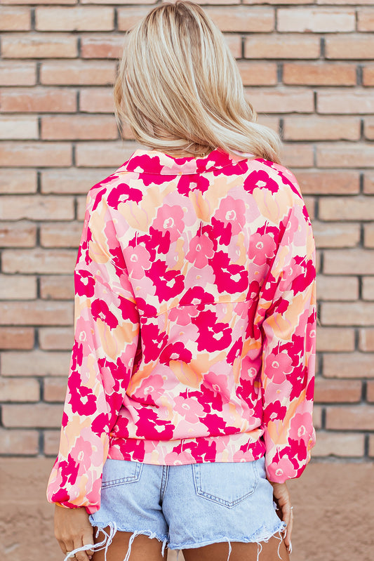 Pink Blooming Floral Print Puff Sleeve Buttoned Top