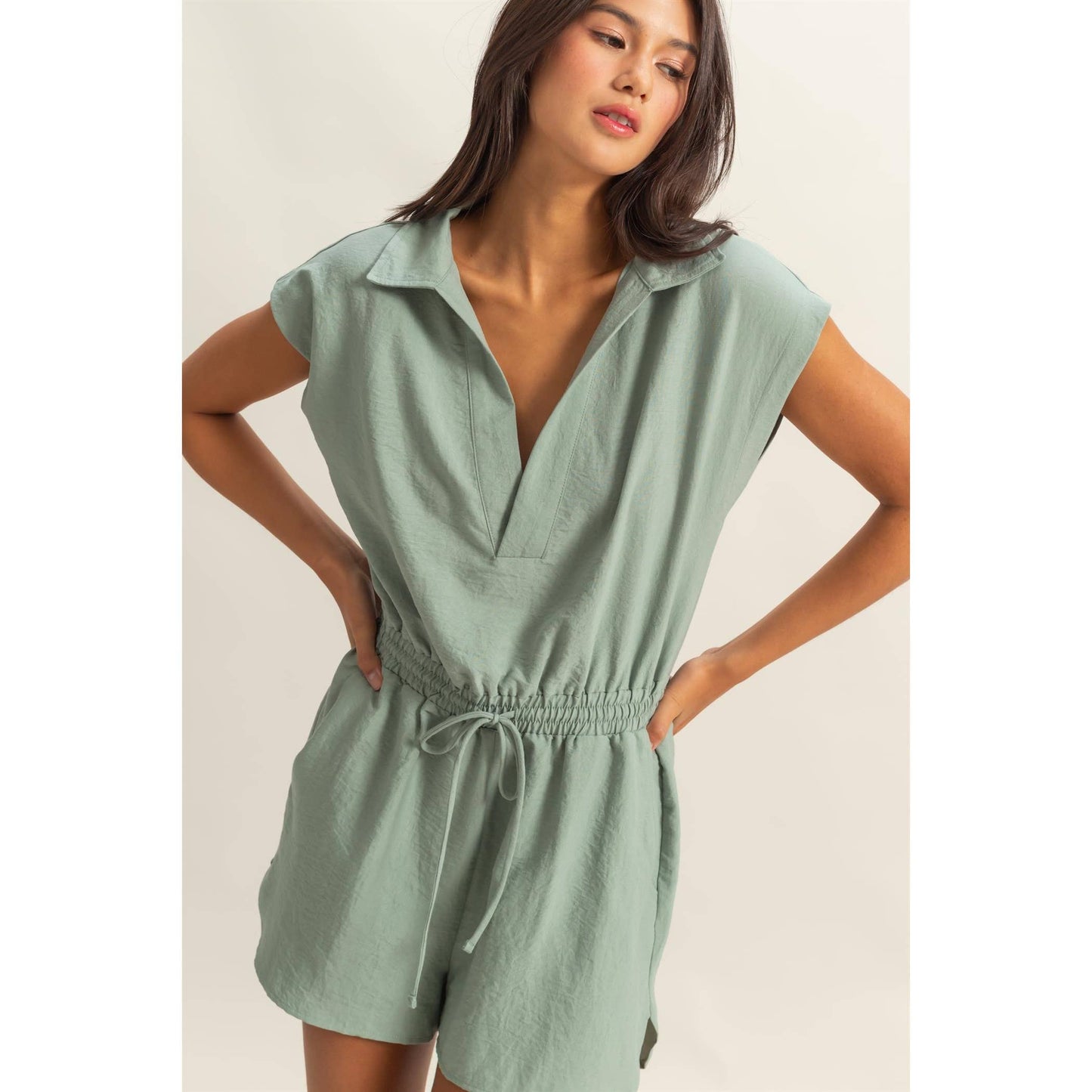 Collared Romper with Buttonless Placket