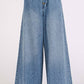 WASHED DENIM ELASTIC BUTTON FLY WIDE LEG PANTS