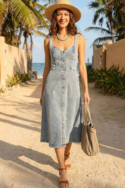 Sweetheart Button-down Denim Midi Dress w/ Pockets