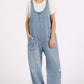 WASHED DENIM RELAXED FIT SLEEVELESS JUMPSUIT