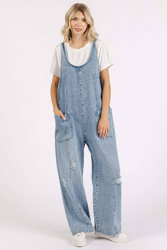 WASHED DENIM RELAXED FIT SLEEVELESS JUMPSUIT