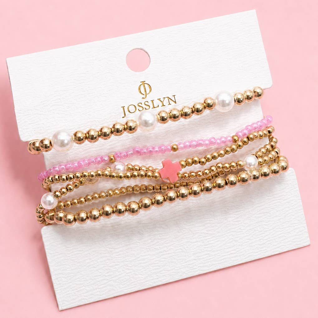 MULTI BALL PEARL BEAD CROSS STRETCHABLE BRACELET