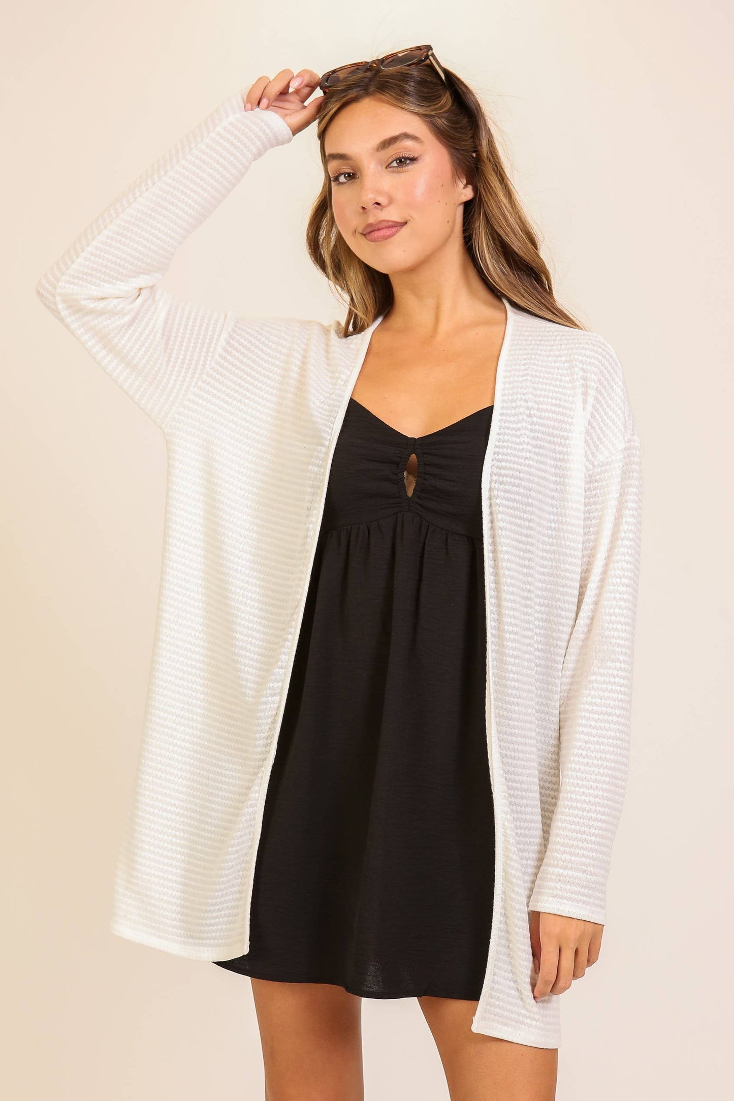 Open-Front Waffle Knit Cardigan