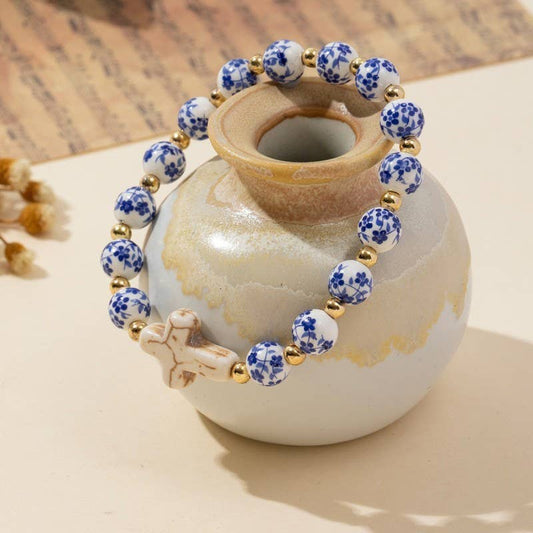BLUE CERAMIC PORCELAIN CROSS CHARM BRACELET