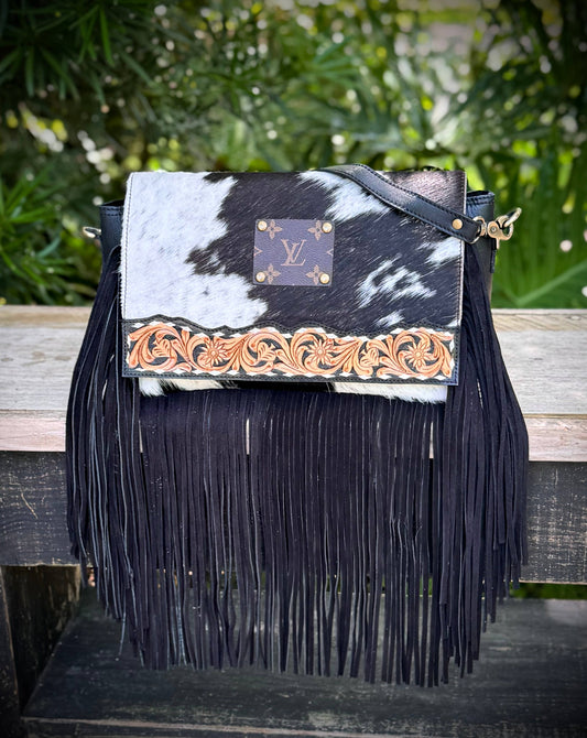 Upcycled LV Cowhide Leather Fringe Crossbody Bag Western