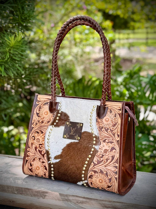 Upcycled LV Leather Cowhide Satchel Crossbody Bag Western 