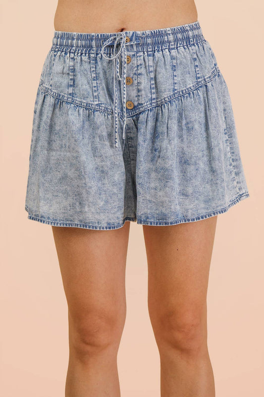 Chambray Button Down Flare Shorts