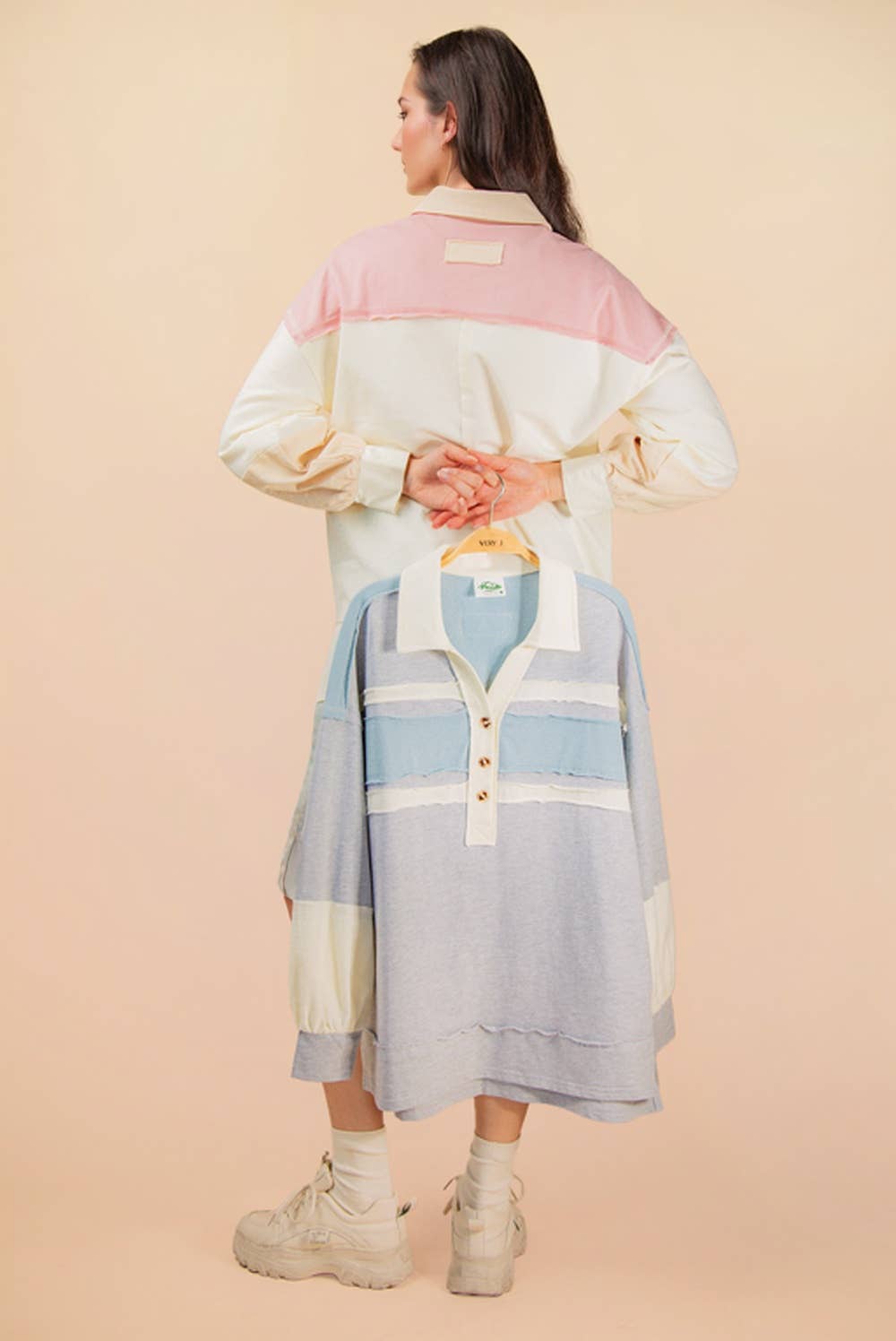 Color Block Oversized Collared Casual Knit Top