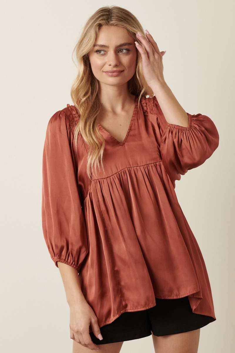 SATIN EMPIRE WAIST PUFF SLEEVE BLOUSE