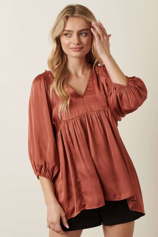 SATIN EMPIRE WAIST PUFF SLEEVE BLOUSE
