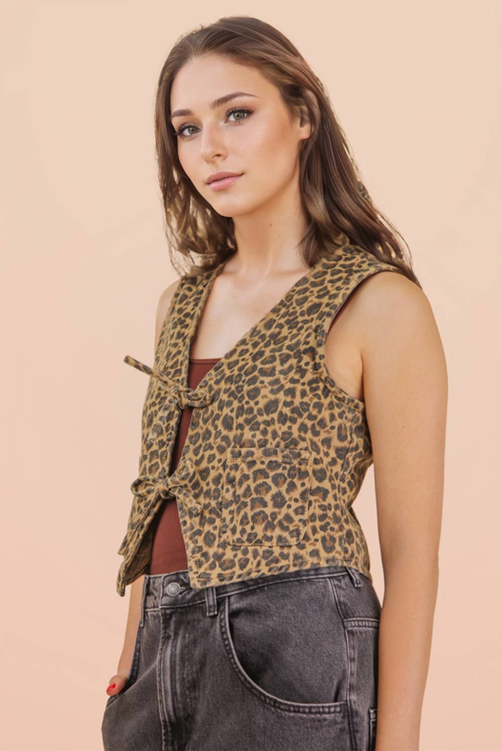JEAN Acid Washed Denim Front Tie Vest