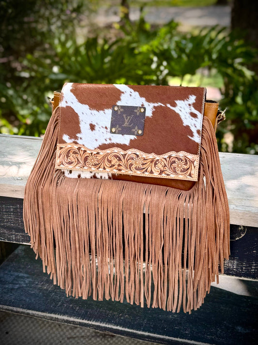 Upcycled Cowhide Leather Fringe Crossbody Bag Western LV 