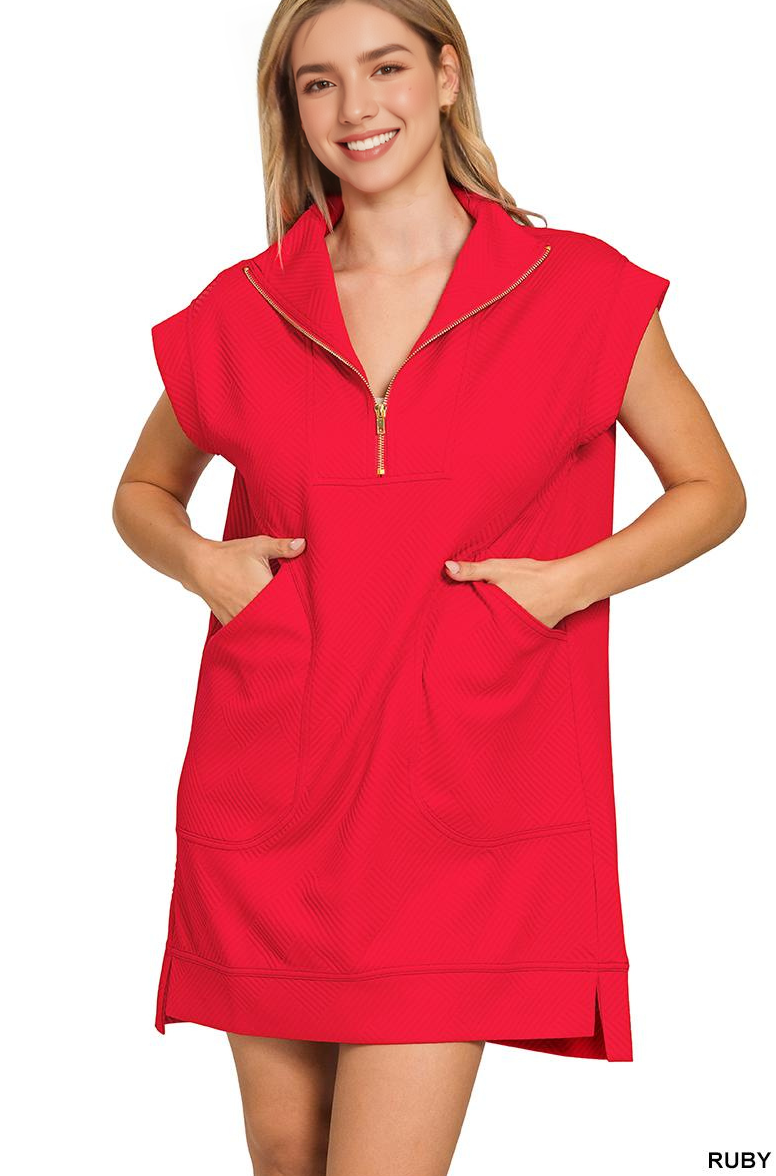 Knit Jacquard Quarter Zipper Mini Dress