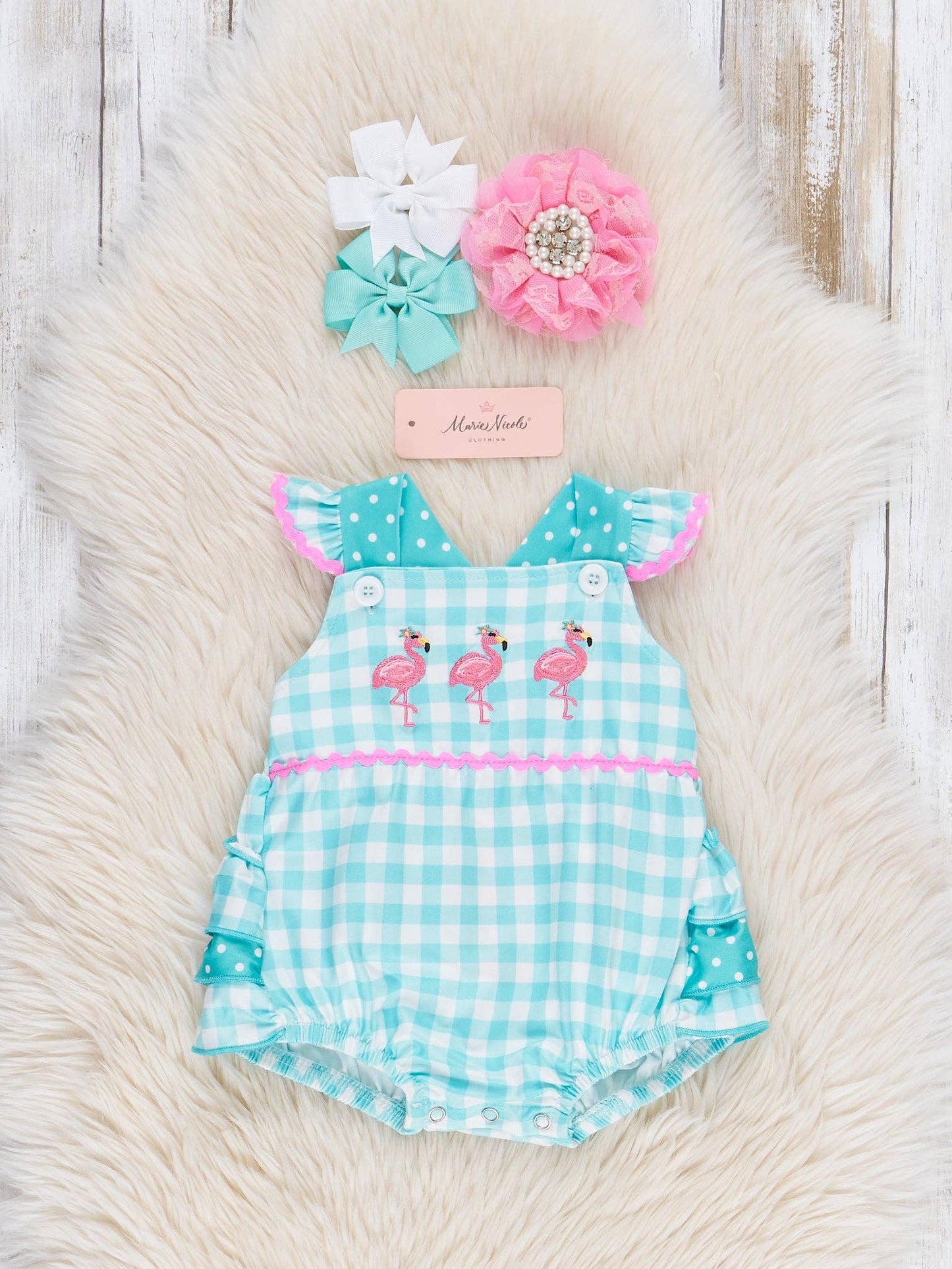 Gingham Embroidered Flamingo Party Ruffle Bubble Romper