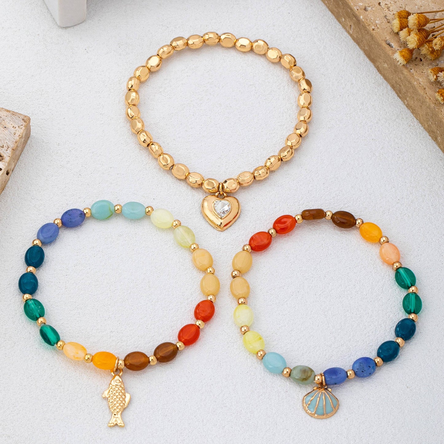 Multi-Color Beaded Layered Charm Bracelet