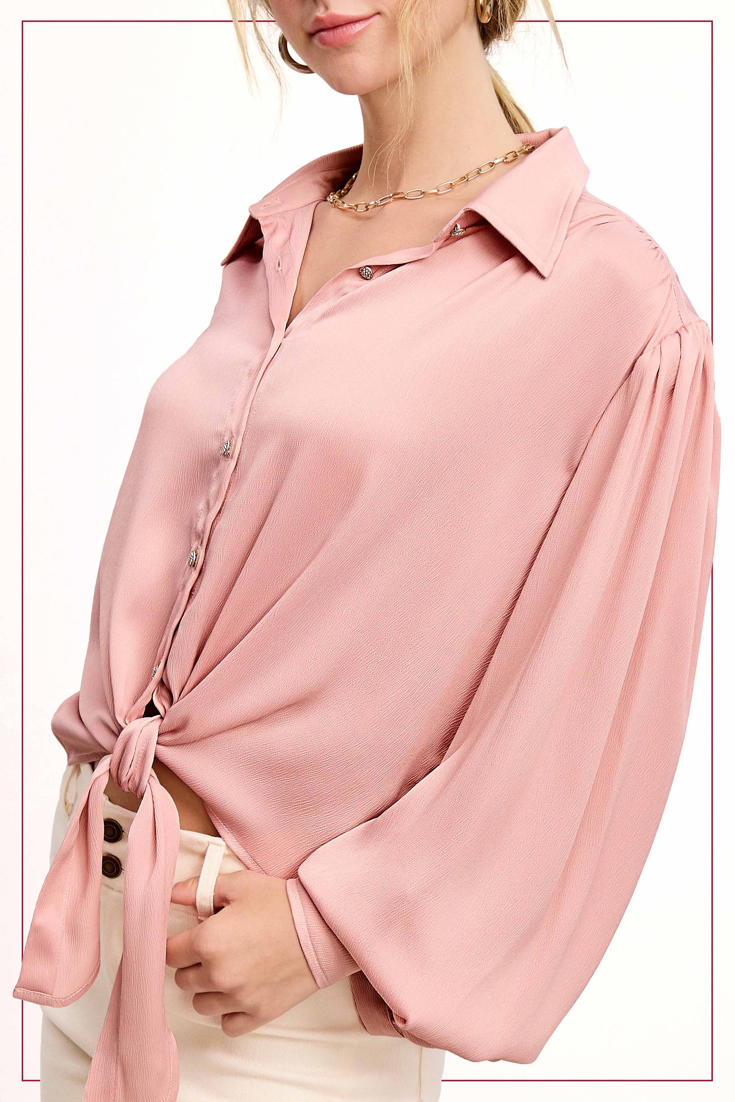 Flowy Button Down Balloon Sleeve Tie-Front Shirt
