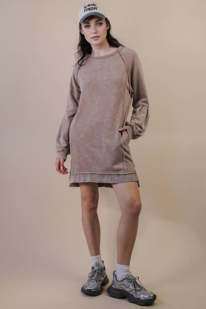 Mineral Washed Raglan Sleeve Casual Mini Dress