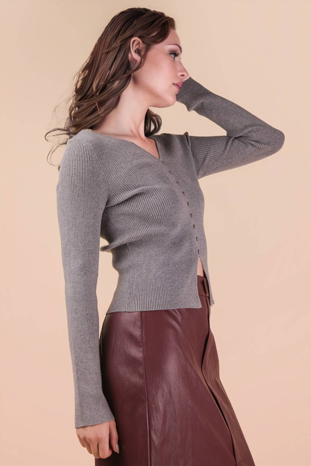 Button Down Fitted Knit Sweater Top