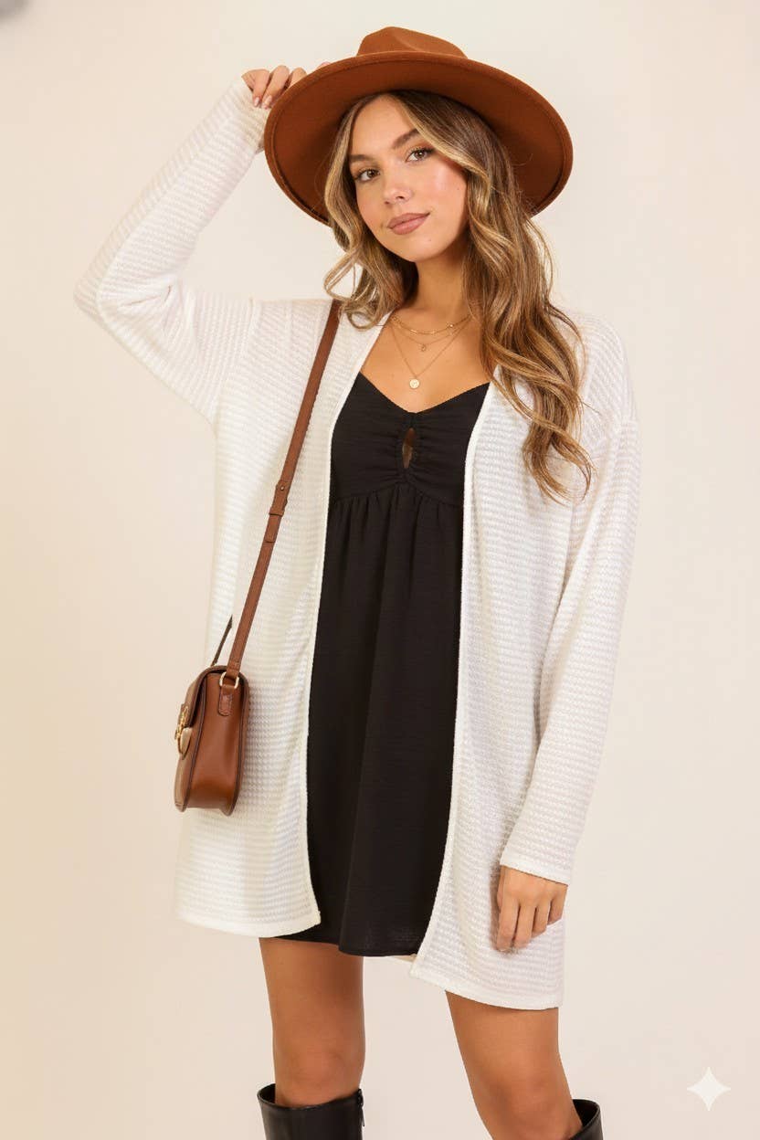 Open-Front Waffle Knit Cardigan