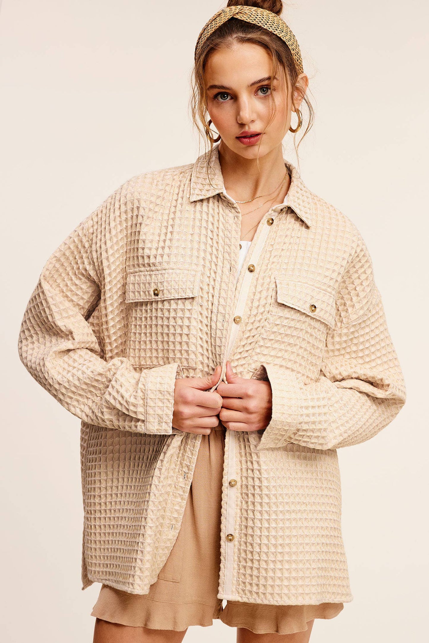 Waffle Textured Oversized Button Down Shacket