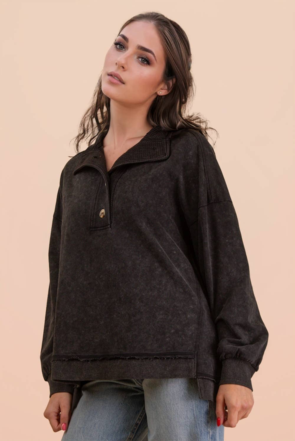 Mock Neck Mineral Washed Knit Causal Top