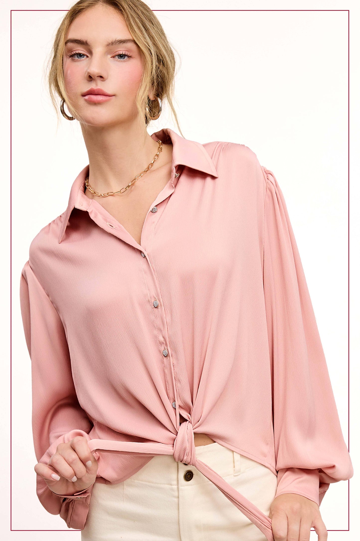 Flowy Button Down Balloon Sleeve Tie-Front Shirt