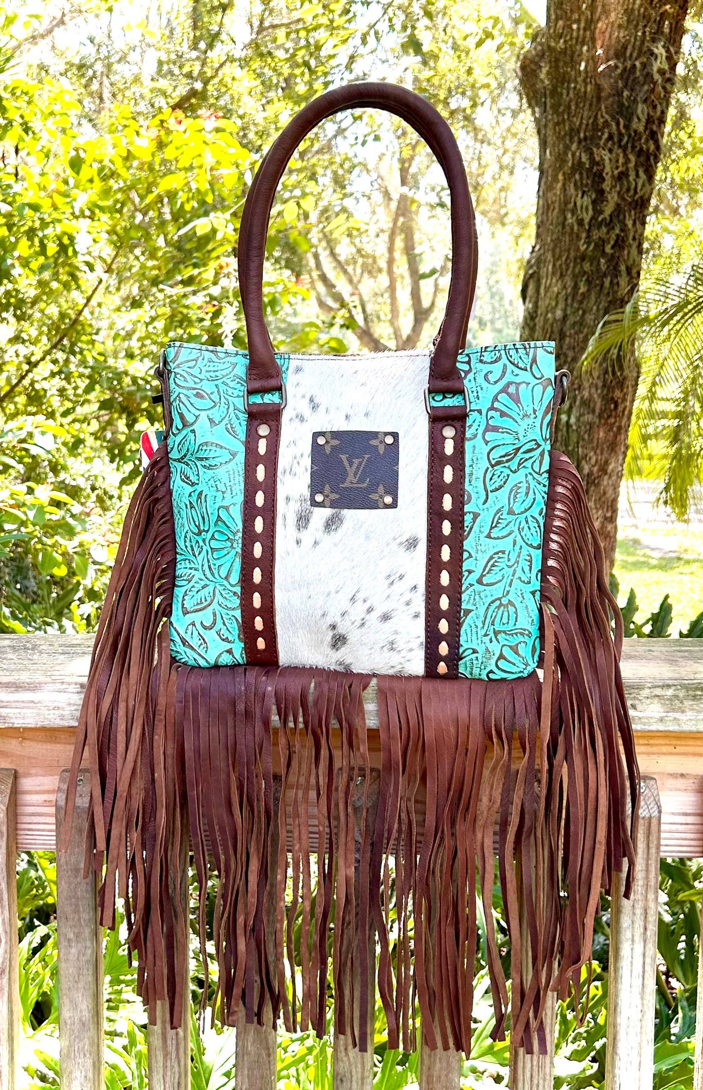 Upcycled LV Cowhide Leather Fringe Crossbody Satchel Bag