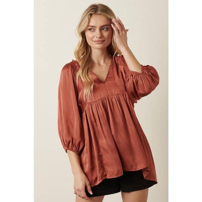SATIN EMPIRE WAIST PUFF SLEEVE BLOUSE