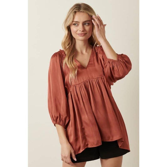 SATIN EMPIRE WAIST PUFF SLEEVE BLOUSE