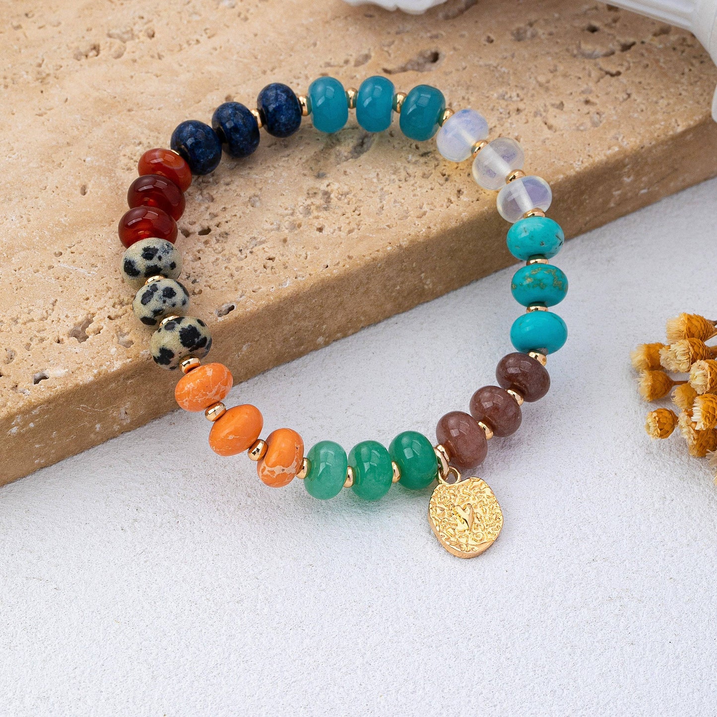 Natural Stone Heart Charm Stretch Bracelet