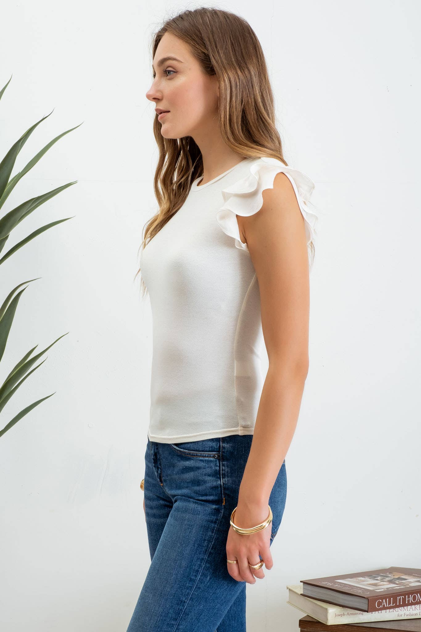 Solid Ruffle Flutter Sleeve Knit Top