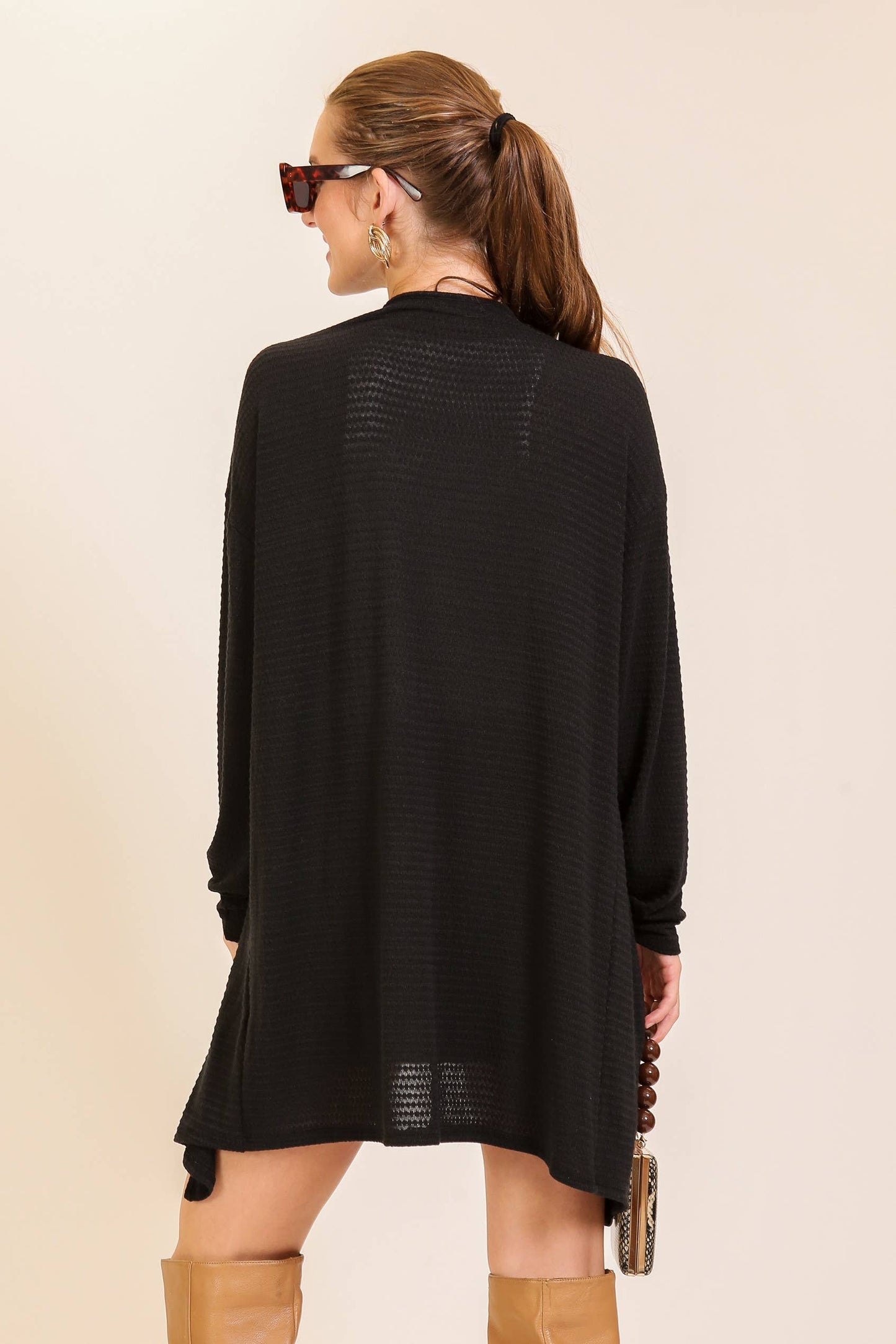 Open-Front Waffle Knit Cardigan