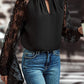 Black Keyhole Neckline Floral Lace Raglan Sleeve Blouse
