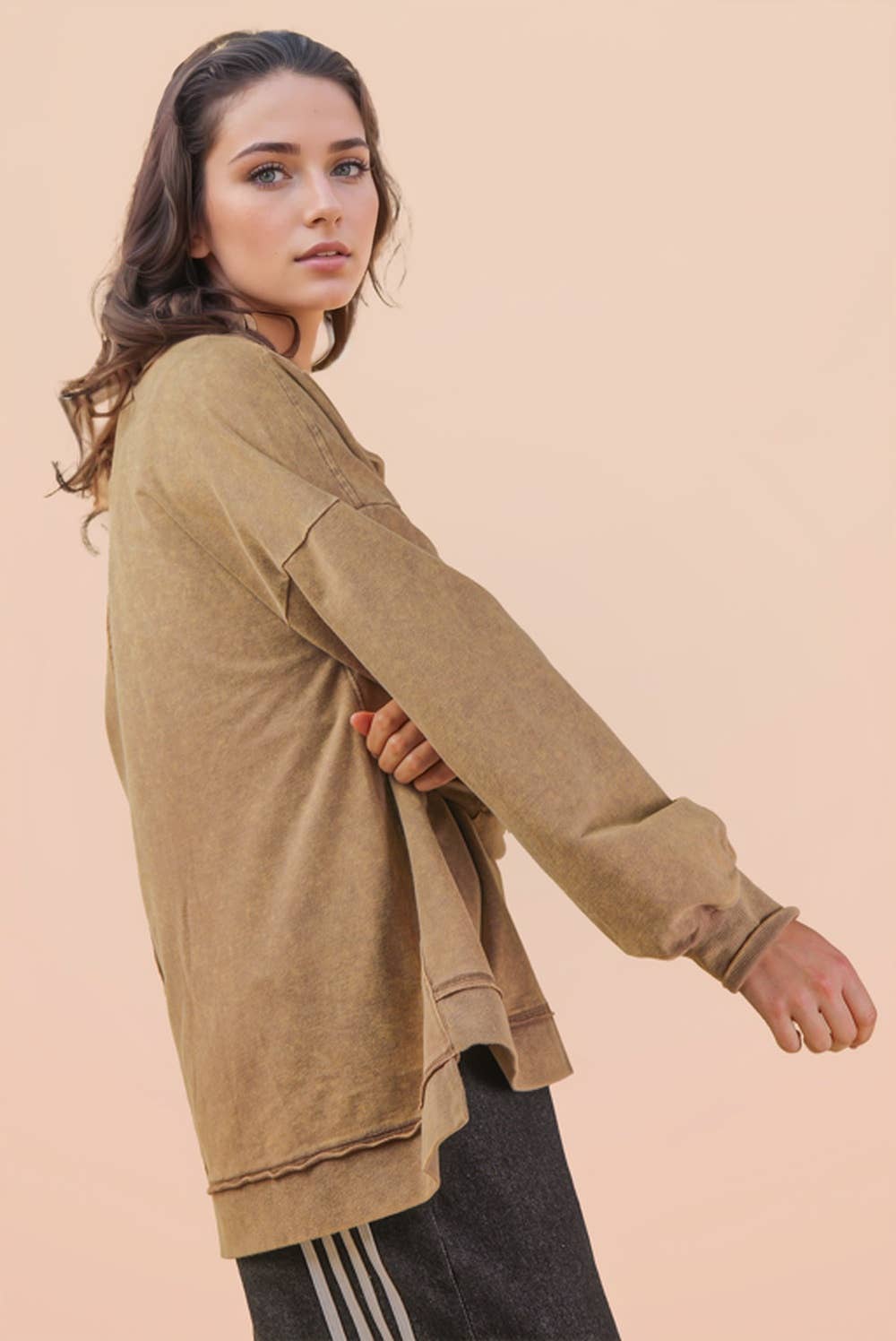 Mock Neck Mineral Washed Knit Causal Top