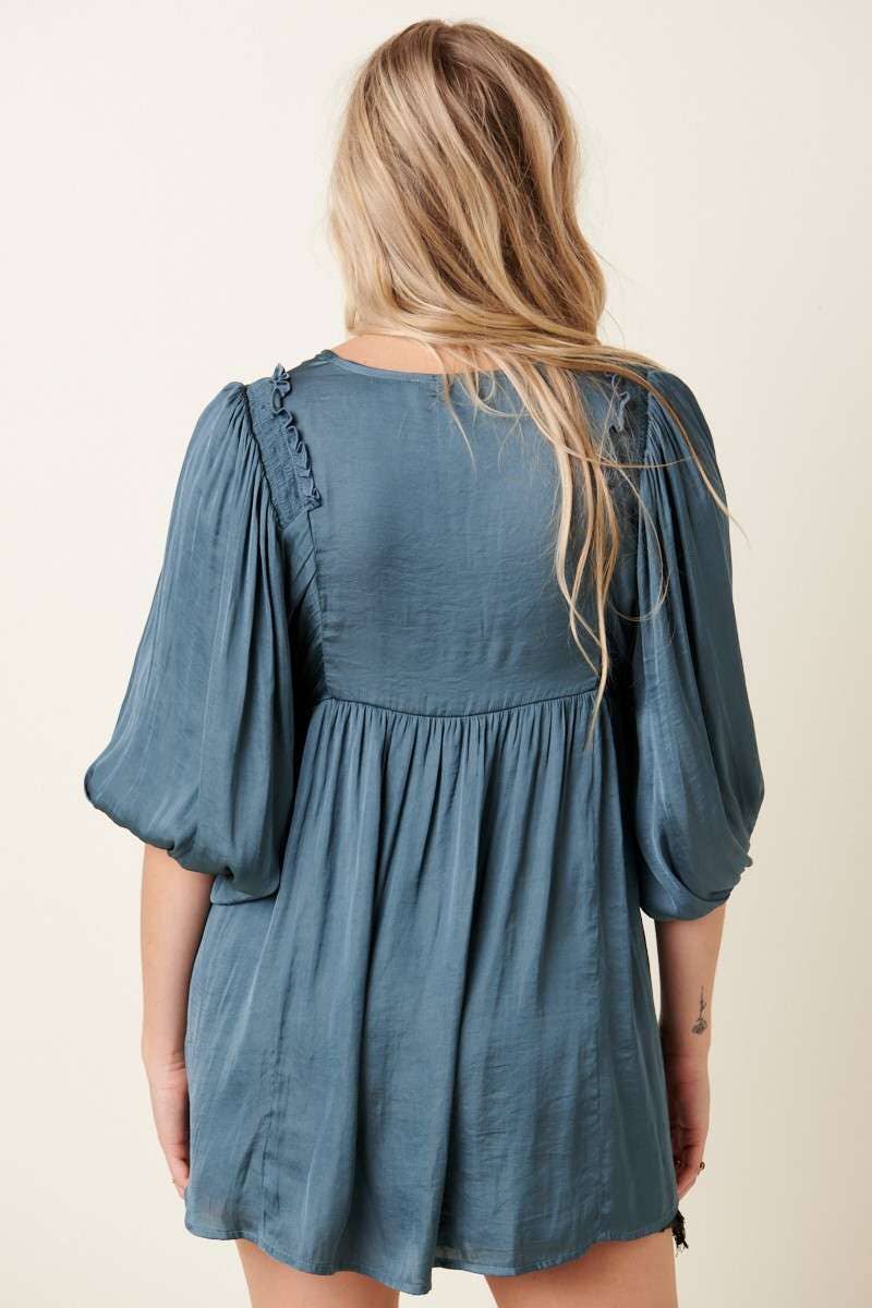 SATIN EMPIRE WAIST PUFF SLEEVE BLOUSE