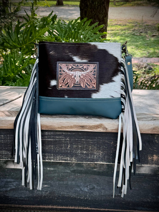 Tooled Leather Cowhide Fringe Crossbody Handbag Western