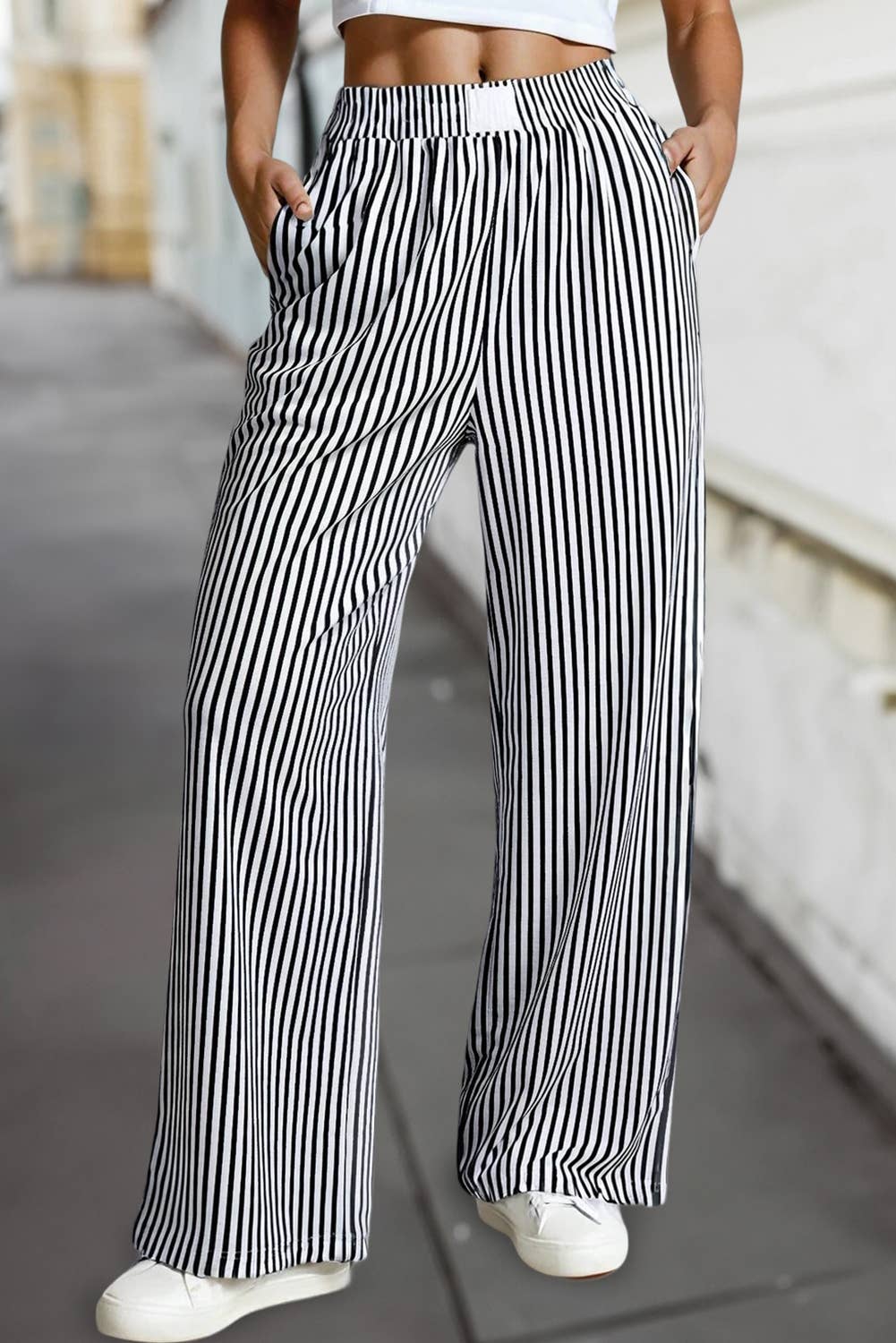 Stripe Elastic High Waist Wide Leg Casual Pants | S-XL
